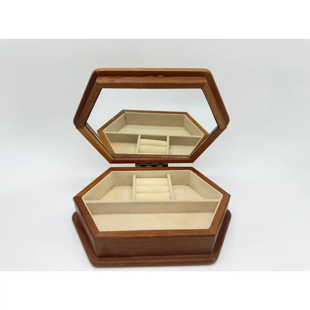 Vintage Wooden Jewelry Box Floral Fabric Lid Mirror Ring Storage Organizer
